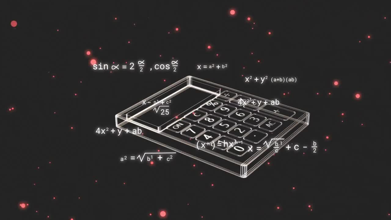 Animation of calculator icon and mathematical equations over red spots on black background