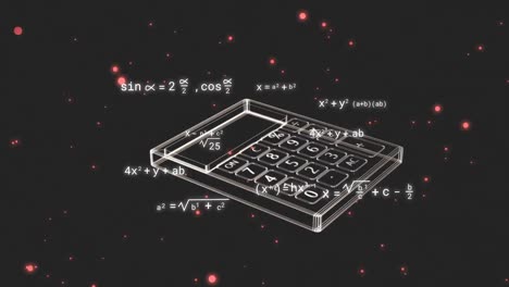 animation of calculator icon and mathematical equations over red spots on black background