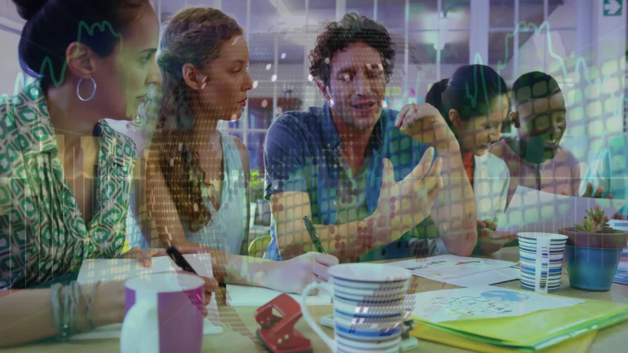 Animation of data processing and globe over diverse colleagues discussing at office