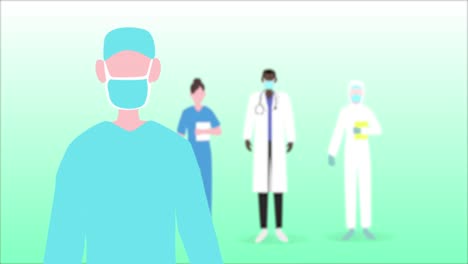 animation of a doctor wearing a face mask with medical personnel standing on green background.