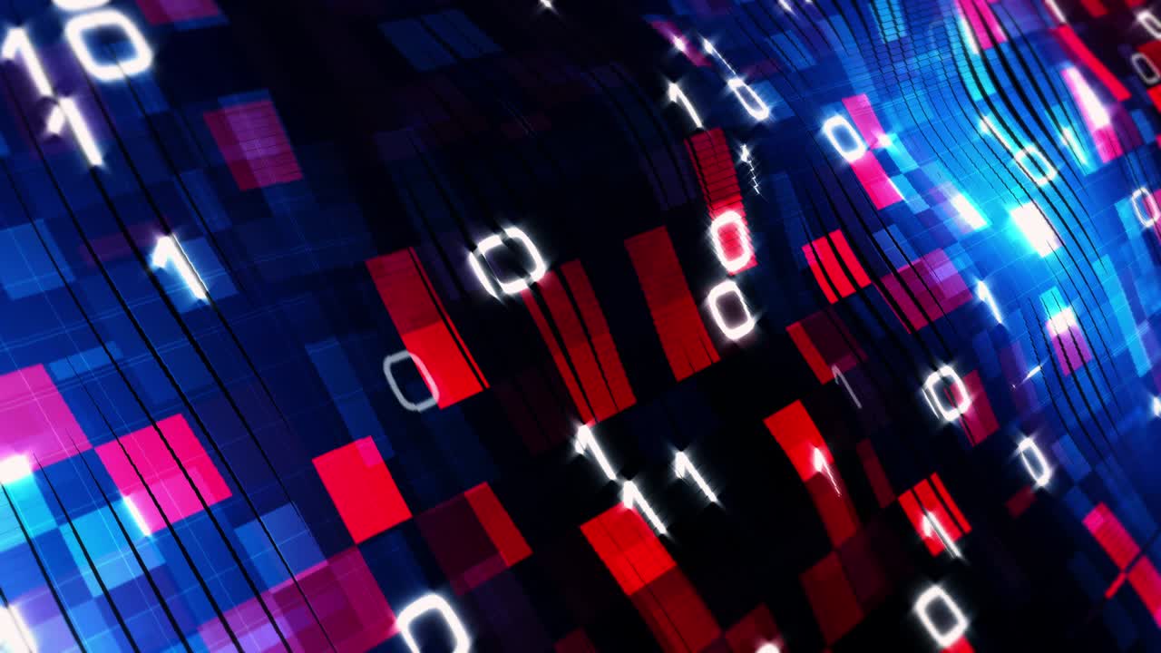 3D-Perspektive Sci-Fi futuristische Technologie mit blau-roter digitaler binärer Flusswandtextur-Musteranimation. 4K-Endlosschleife Hi-Tech-Elektronikwand, digitales Schaltungskonzept für Wissenschafts- und Technologie-Titel-Intro.