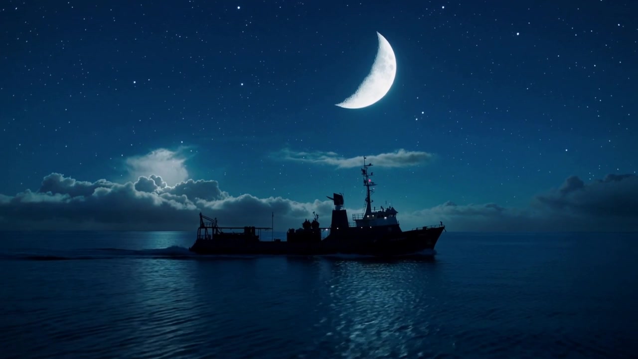 穏やかな夜の海を、月明かりに導かれながら三日月に向かって滑るように進むシルエットの船。