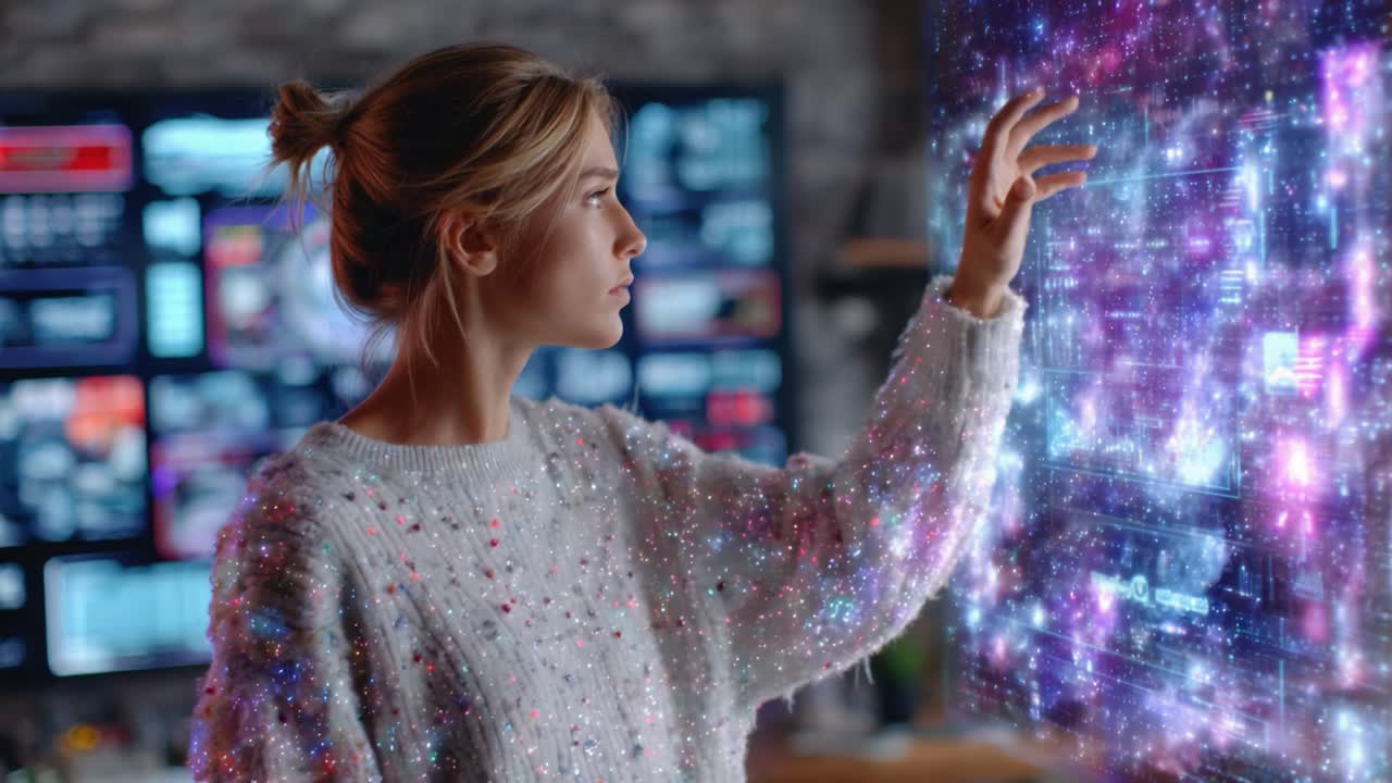 A Curious Mind: A Young Woman Observes a Holographic Interface, Engaging with Pioneering Technology in a Futuristic Control Room Setting