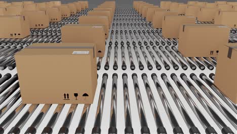 Rows-of-cardboard-packing-boxes-moving-on-conveyor-belts