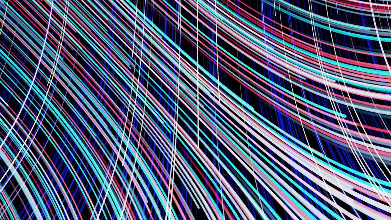 Abstract colorful narrow lines flowing on black background, seamless loop. Animation. Pink, green, and blue rays flow and cross each other