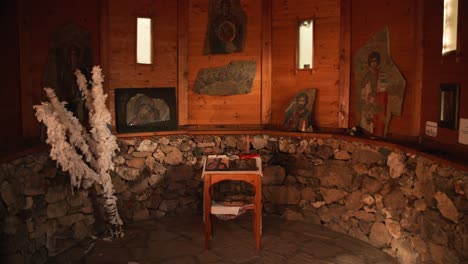 Inside-an-old-wooden-church-in-a-Serbian-forest