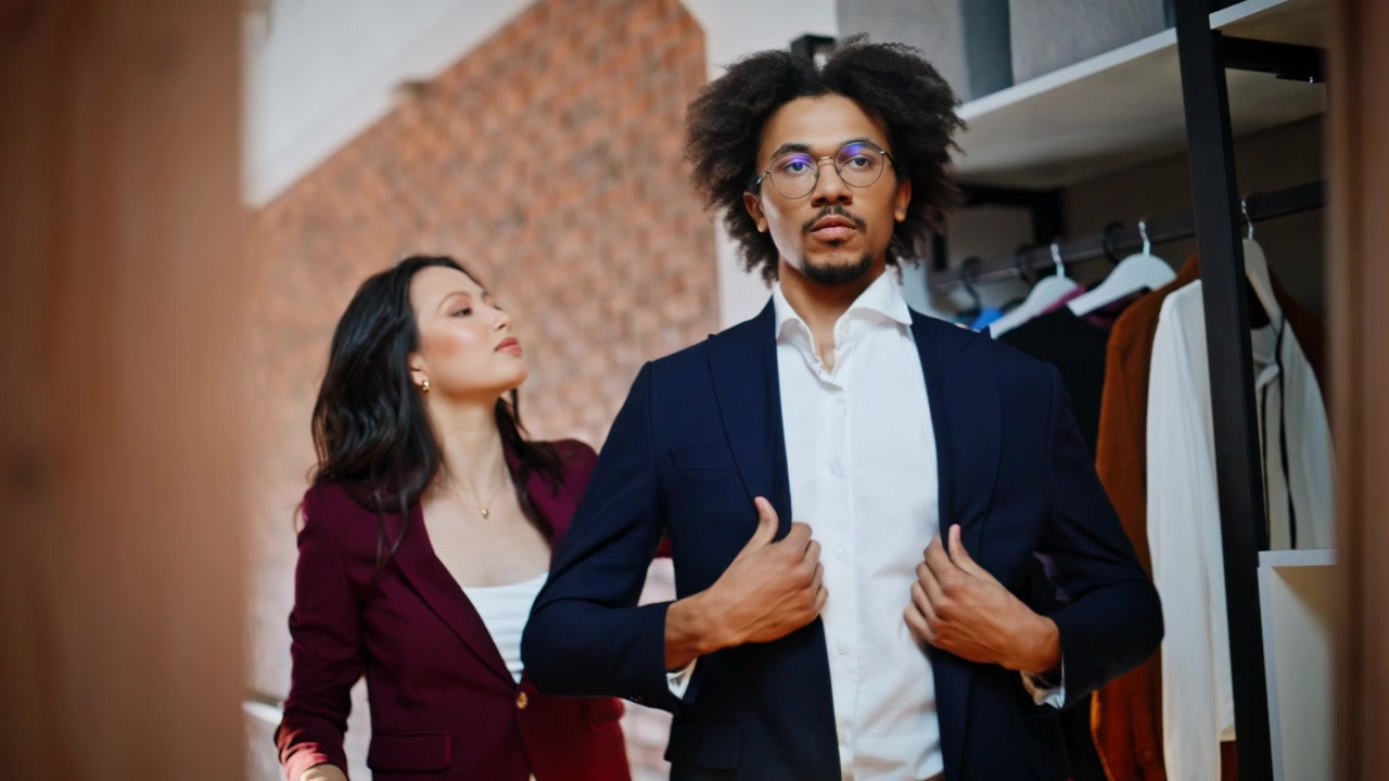 Businessman putting on navy blazer wardrobe. Girlfriend helping choose suit.