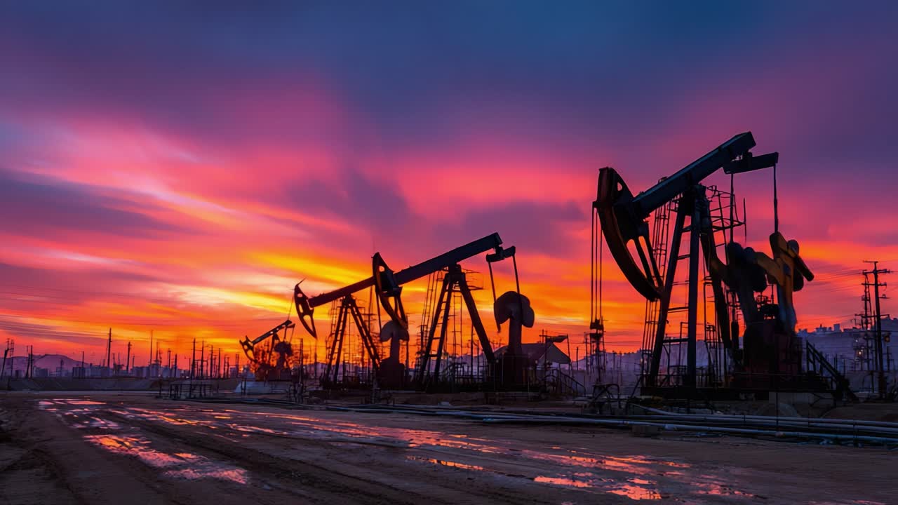 Scenic Sunset Over Oil Pumps: Captivating Silhouette of Pumpjacks Against a Vibrant Sky of Orange and Purple During Twilight at an Oil Field