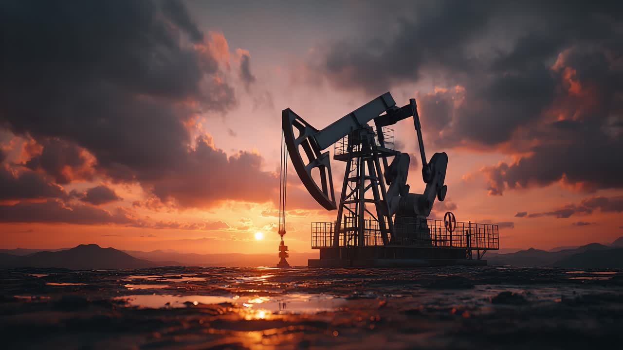 Un contraste saisissant entre nature et industrie: capturer le coucher de soleil majestueux derrière un mécanisme de pompe à pétrole sur un fond de ciel dramatique dans un champ pétrolifère