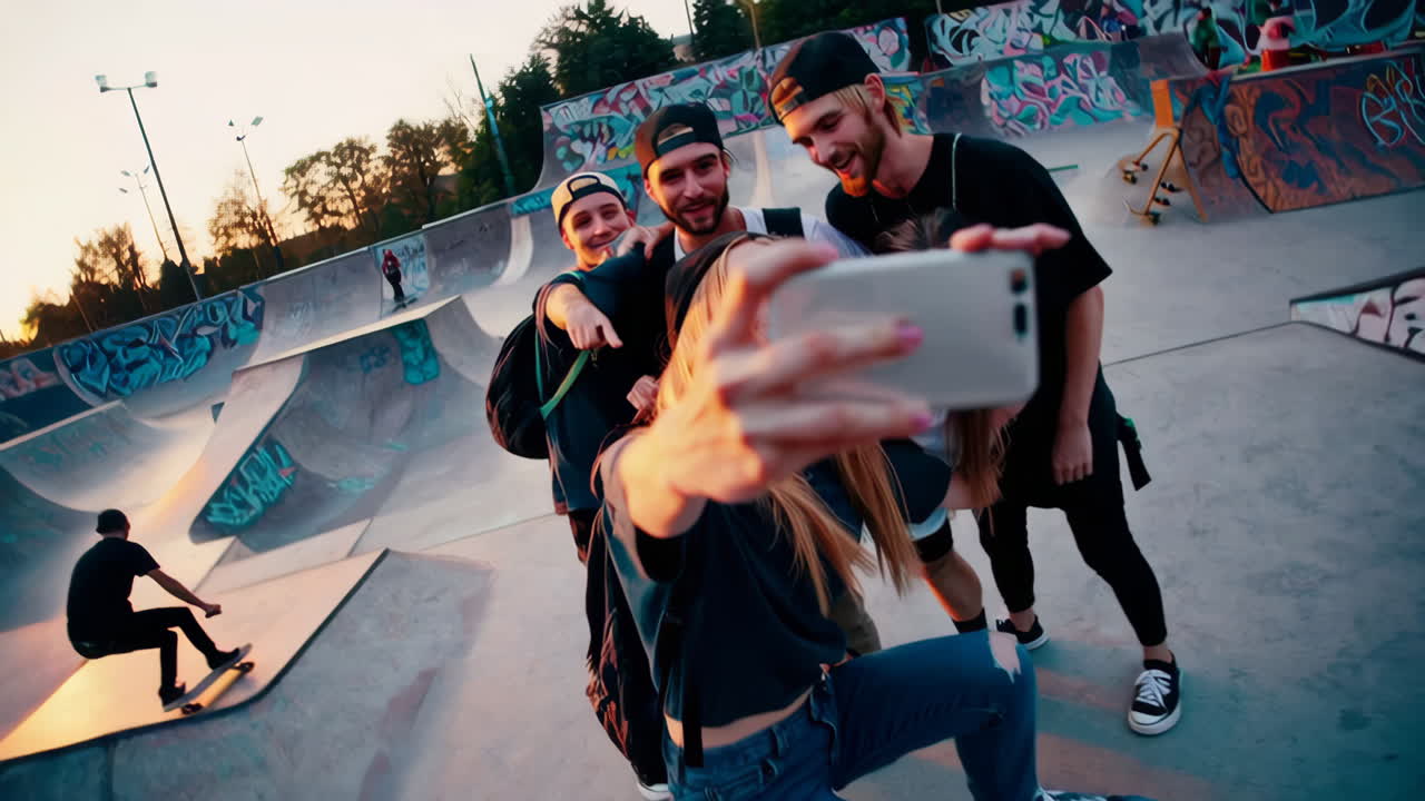 Young Friends Taking Selfies at a Skatepark During Sunset