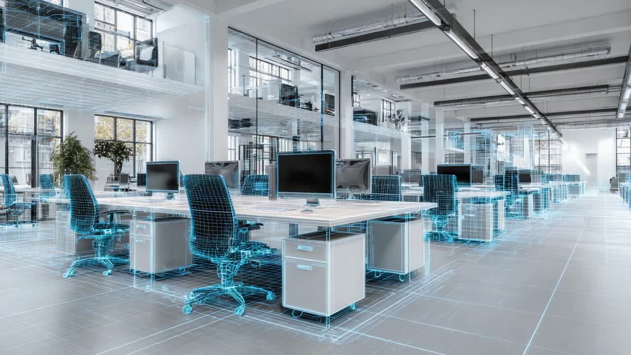 Exploring the Future of Workspaces: A High-Tech Office Environment with Digitally Rendered Workstations and Innovative Office Design