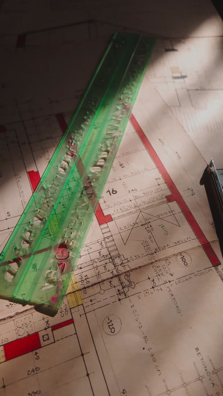 Architectural blueprint with sketching tools, Building Planning. Slide shot