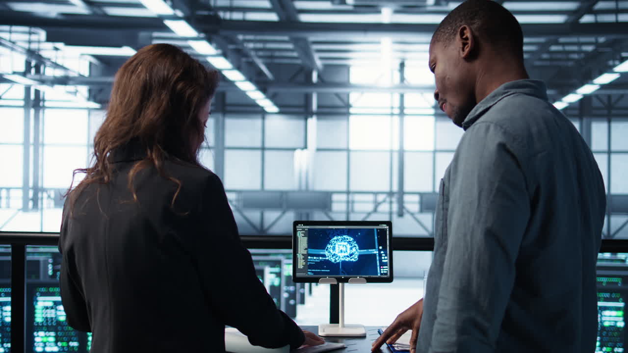 AI server room admins looking over financial documents, using tablet