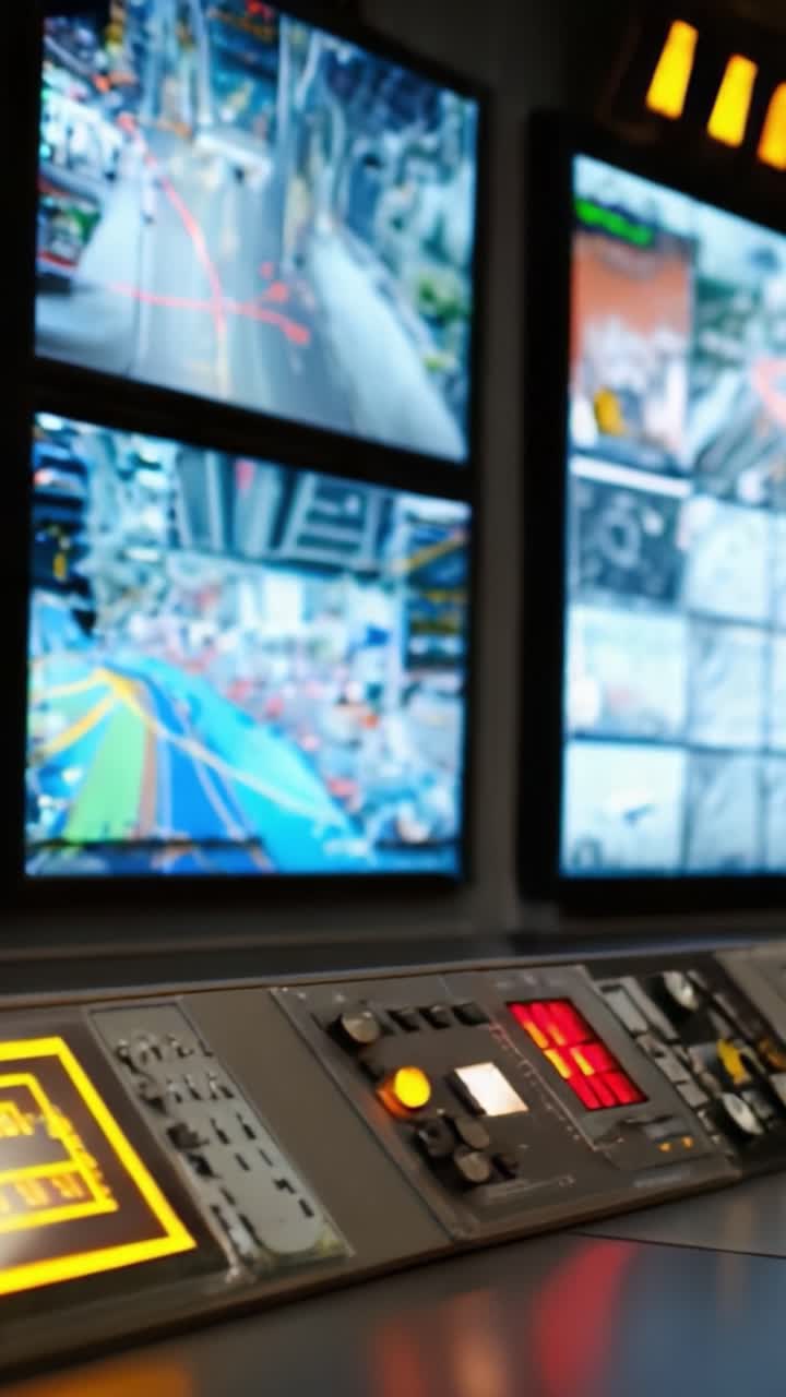 Sala di controllo moderna con schermi di sorveglianza multipli e controlli operativi dettagliati per il monitoraggio di ambienti dinamici e la garanzia dei protocolli di sicurezza
