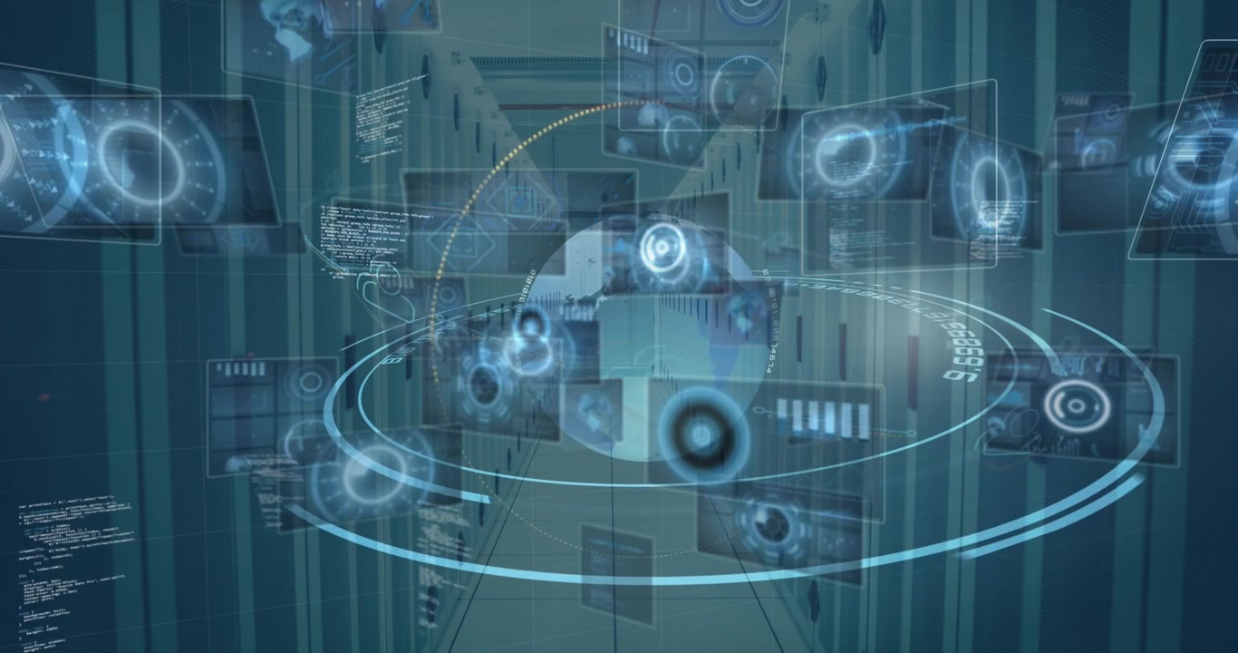 Animation of scope scanning with globe over server room