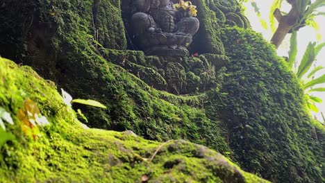 stone statue carved into wall, surrounded by tropical vegetation and lush green bali jungle, rising reveal to art piece hidden