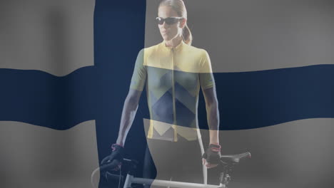 animación de la bandera de finlandia sobre una ciclista caucásica