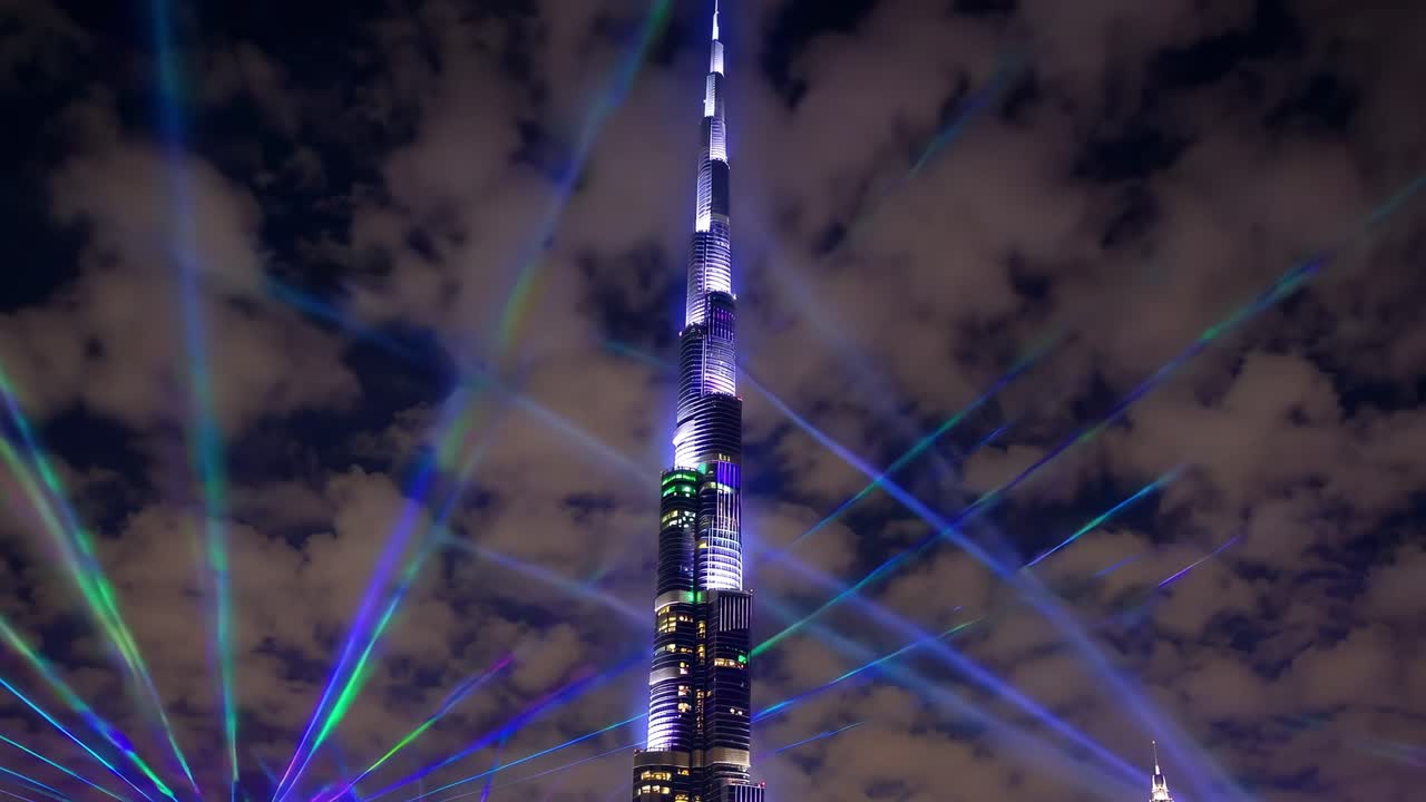 Colorful laser beams illuminating the Burj Khalifa in Dubai at night. Creating a stunning spectacle against the dramatic. Cloudy sky and highlighting the modern architecture of this iconic skyscraper