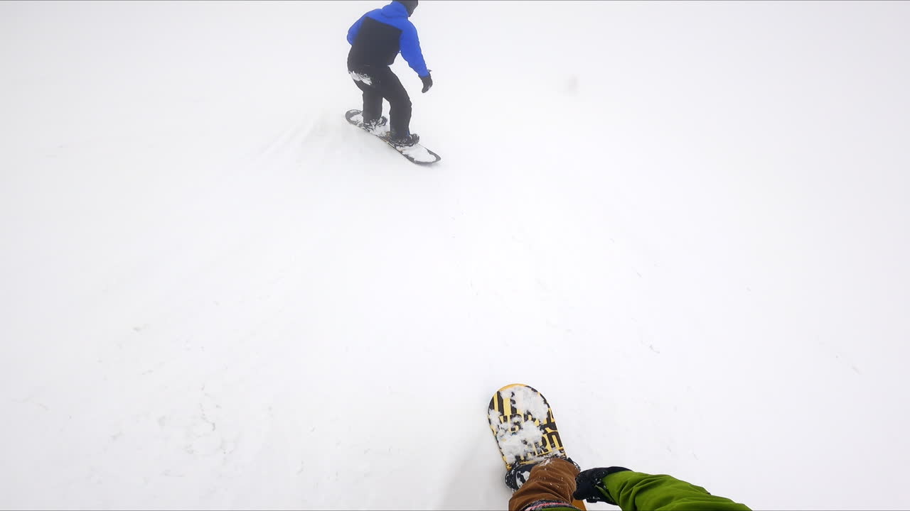 Snowboarder follows his fellow riding ahead. Winter sports activity in the mountains.