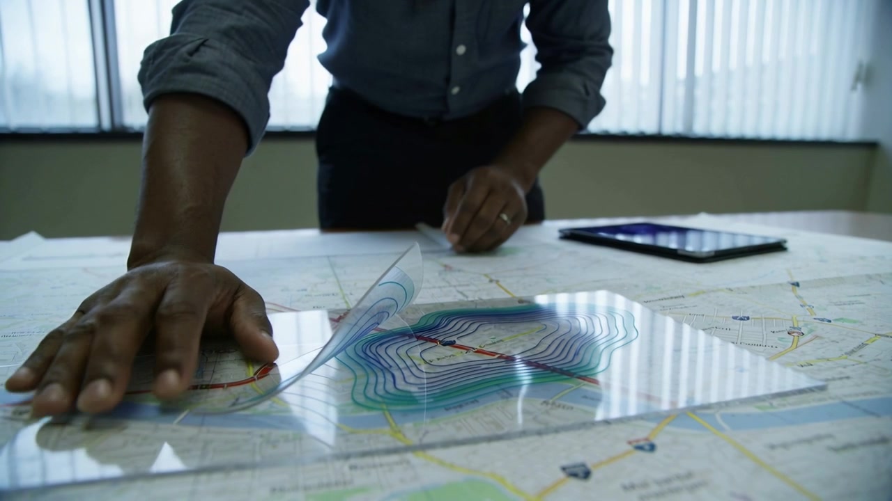 Peeling overlay man in rolled sleeves smoothing map contours, shifting tablet in office for review