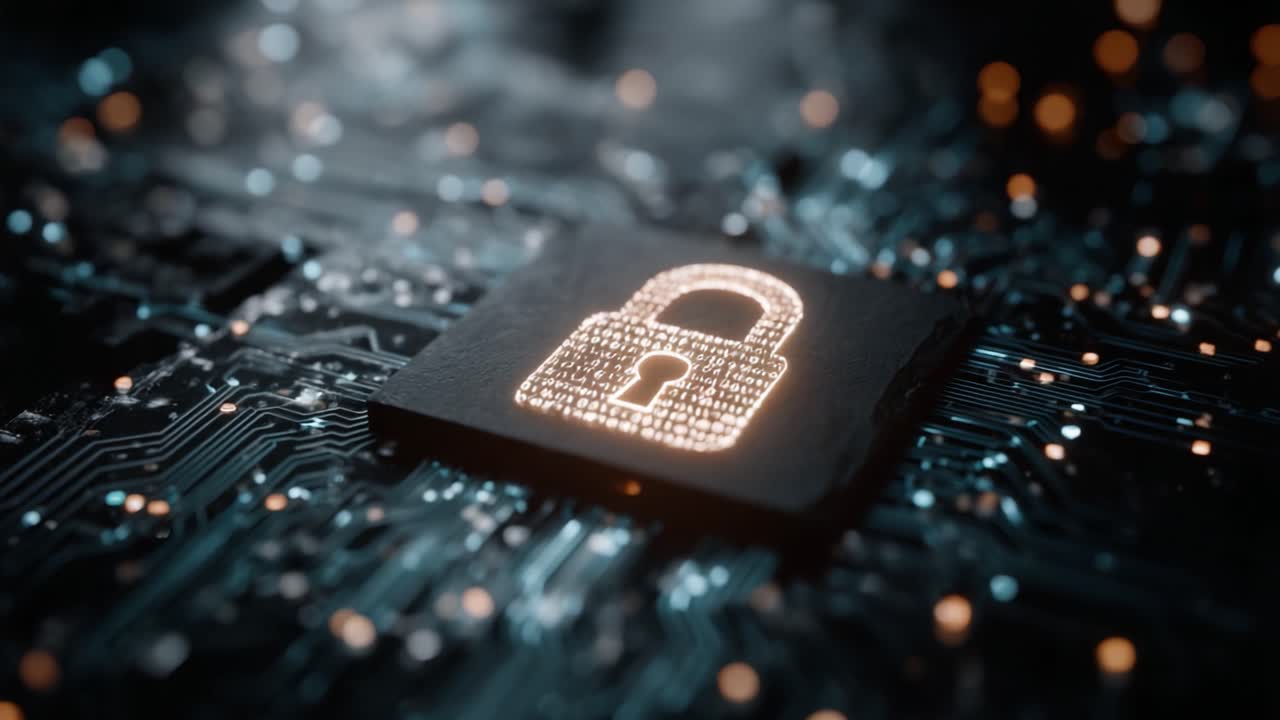 Digital Security: A Close-up View of a Circuit Board Featuring a Glowing Lock Icon, Symbolizing Cyber Protection and Data Safety in Modern Technology