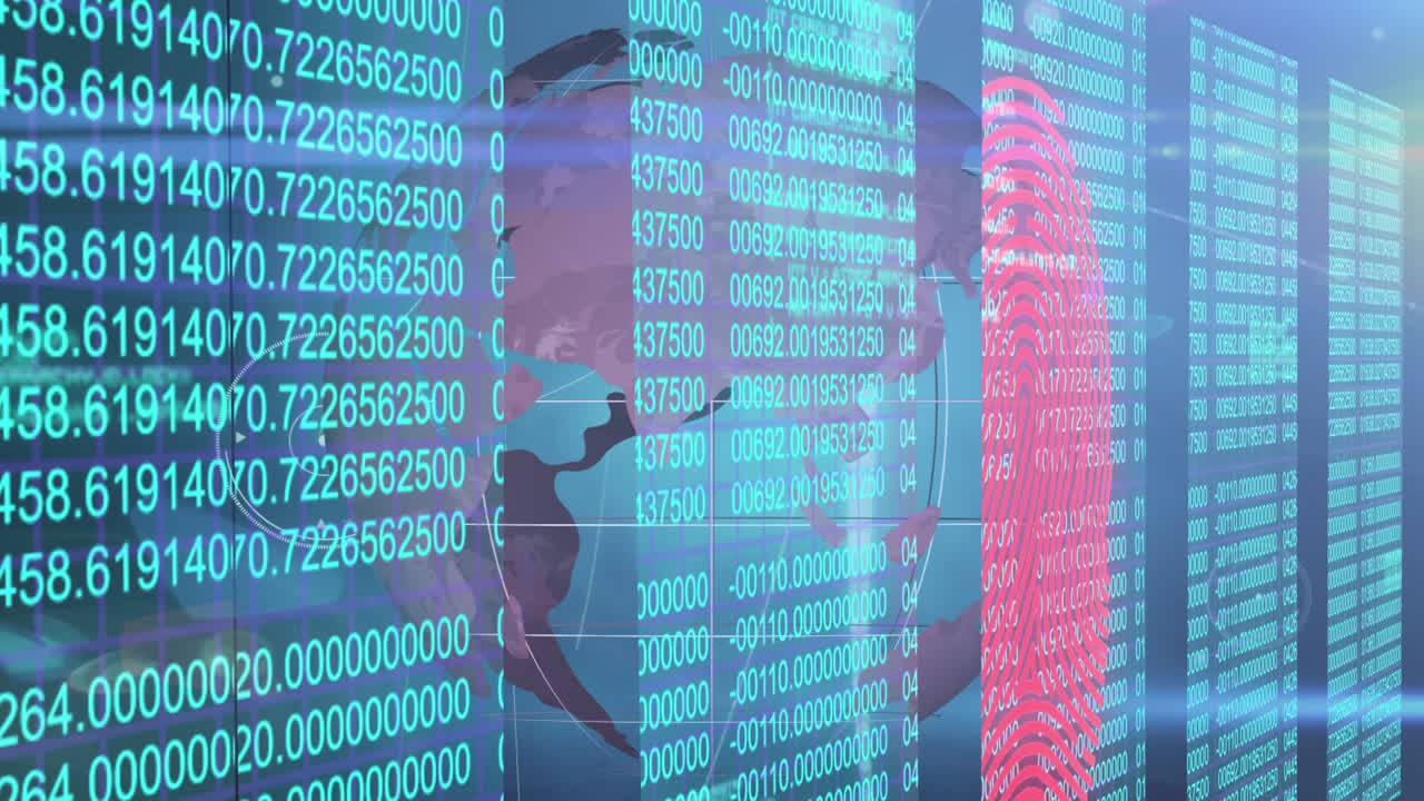 데이터 처리의 애니메이션과 파란색 배경의 지구