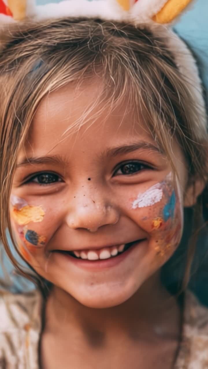 Un bambino gioioso con il viso dipinto a colori e orecchie da coniglio, che irradia felicità e creatività in un ritratto affascinante.