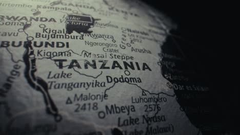 close-up of a vintage world map, focusing on east africa