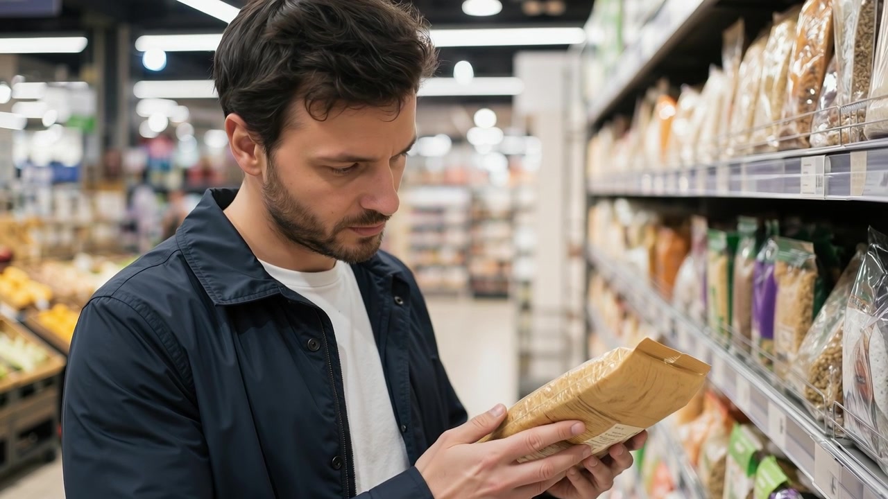 Hombre leyendo la etiqueta de un paquete de alimentos en un pasillo de supermercado