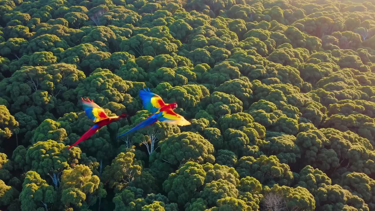 Aerial video captures two vibrant macaws soaring over lush green forest, showcasing nature's beauty