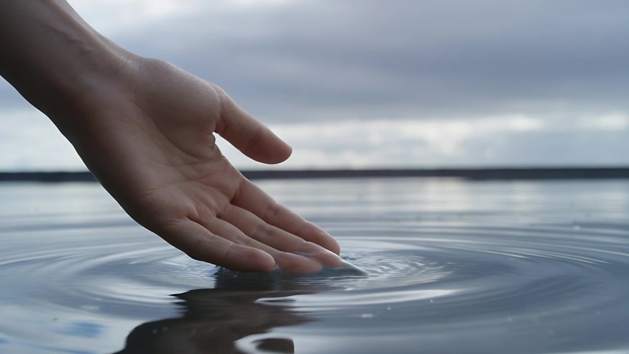 Mano che si allunga e tocca uno stagno sotto un cielo nuvoloso e l'orizzonte, creando increspature e facendo brillare la superficie, con spazio per il testo.