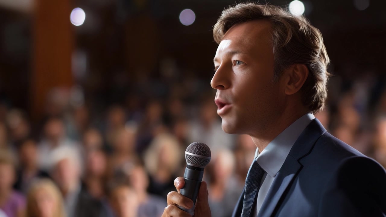 A confident male speaker delivers an impactful presentation to an engaged audience, capturing attention and showcasing effective communication skills in a professional setting.