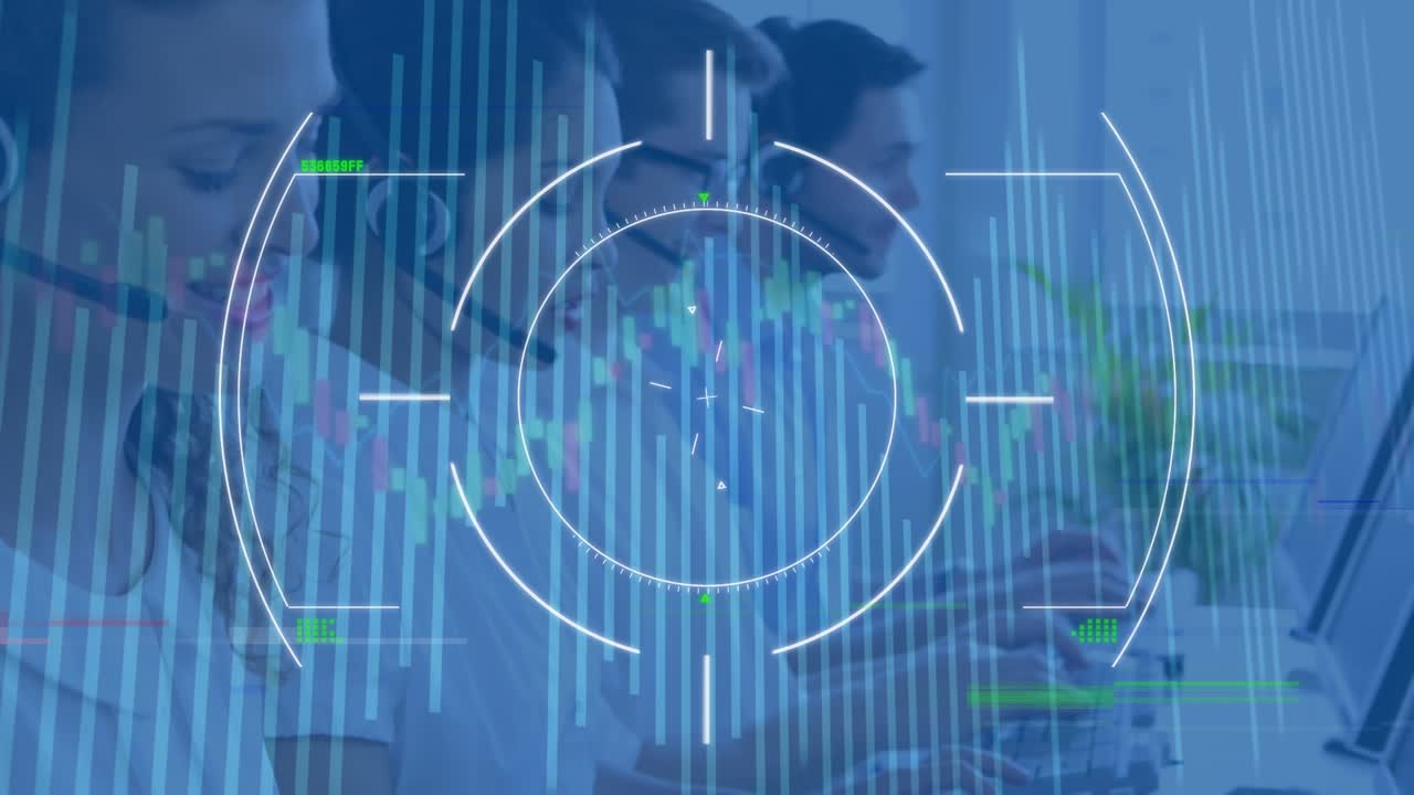 Animazione di elaborazione dati su persone che usano cuffie telefoniche