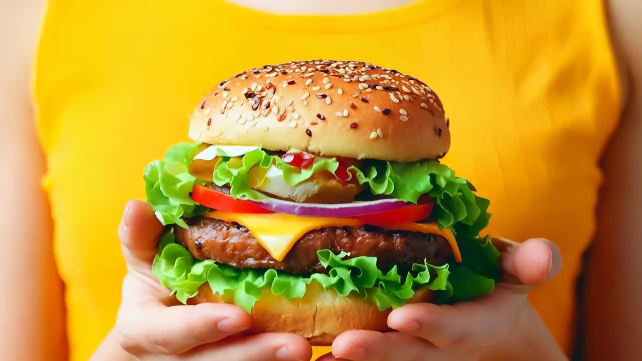 una mujer con una hamburguesa en sus manos