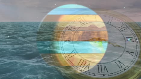 animation of multicoloured planet earth, solar system and space over sea and clock ticking