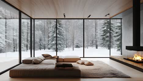 modern winter forest view living room
