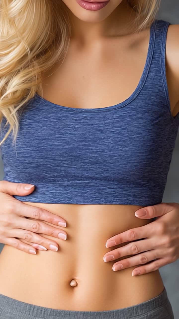 Inquadrature ravvicinate di una donna che accarezza delicatamente l'addome, enfatizzando comfort e cura in temi di benessere e consapevolezza della salute.