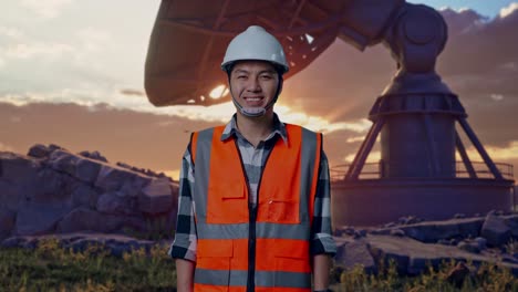 asian male engineer with safety helmet smiling to camera while standing with large satellite dish