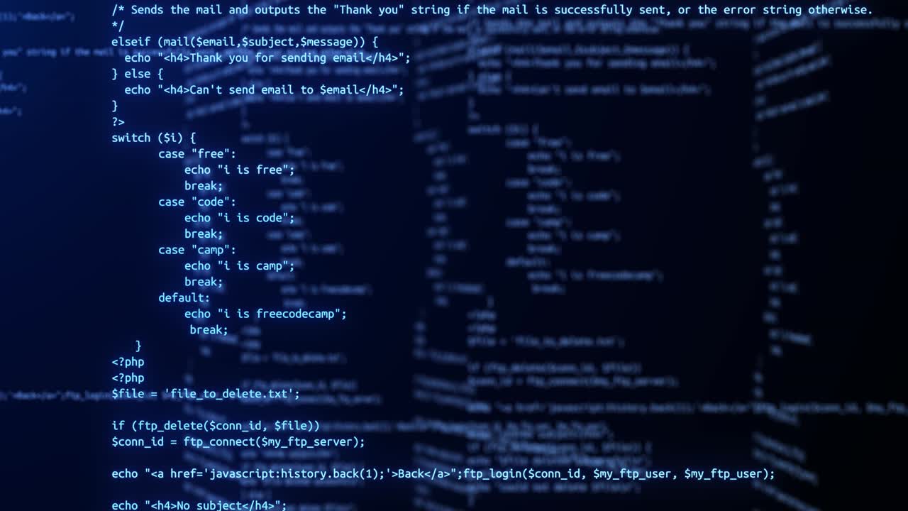 4k programming code running over computer screen terminal hacking animation technology background