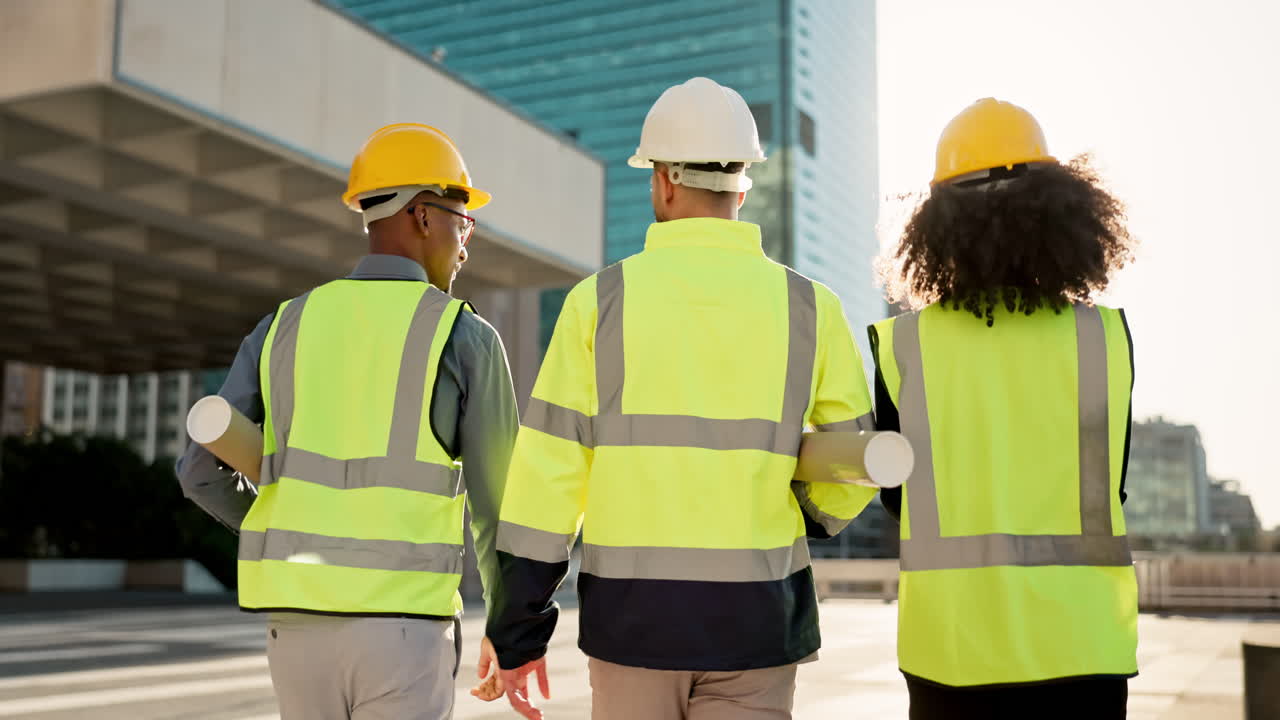 gente, espalda y equipo de arquitectos caminando por la ciudad