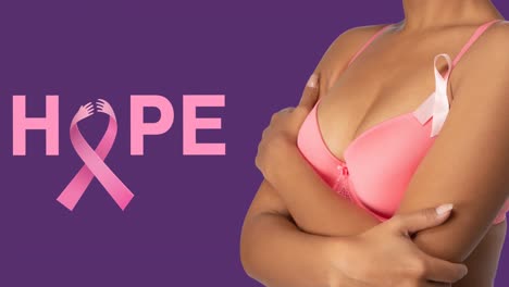 Animation-of-breast-cancer-awareness-text-over-woman-covering-breast