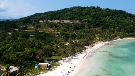 vuelo aéreo sobre una hermosa playa de arena blanca bordeada de palmeras y mar azul turquesa