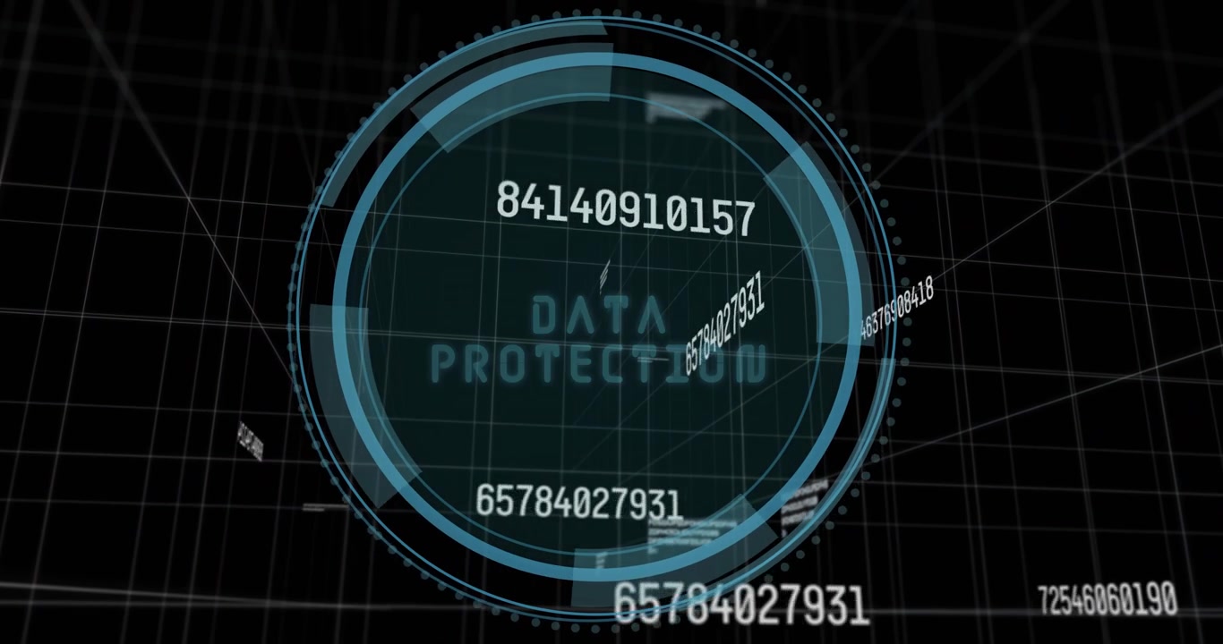 Futuristic HUD display rotating segmented arcs and dots displaying floating codes over 3D grid