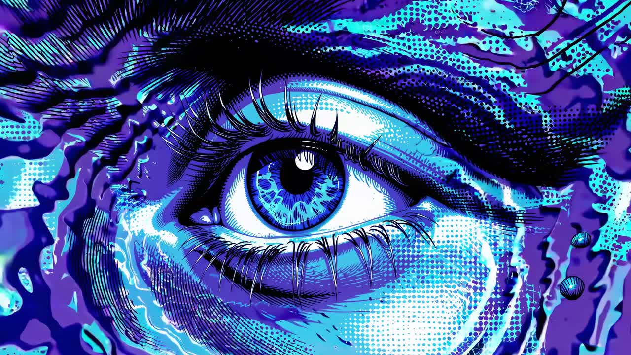 A close-up, stylized video illustration of a human eye in vibrant blue and purple hues