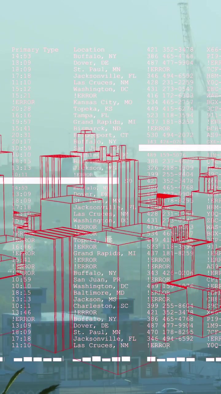 Animation of 3d cityscape drawing and data processing over city
