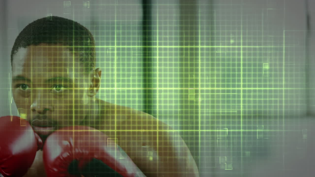 animación del ritmo cardíaco en el patrón de cuadrícula, boxeador afroamericano practicando movimientos de boxeo