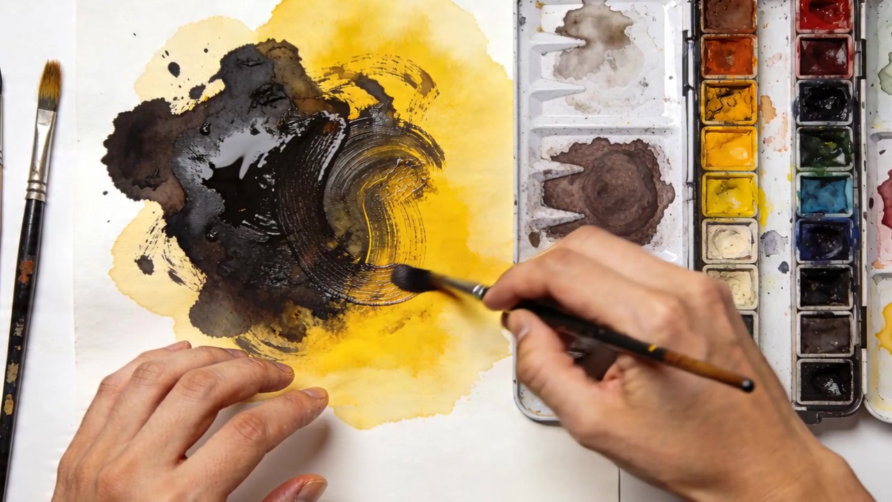 Intingendo il pennello nella tavolozza, mani dell'artista che stendono pigmento scuro su una velatura gialla in studio, sfumando.
