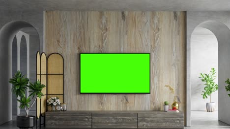 Mockup-of-a-green-screen-modern-television-in-the-middle-of-an-apartment-interior-living-room,-no-people
