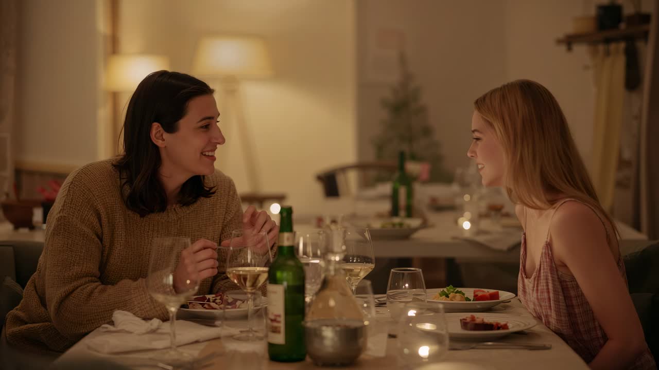 Talking two women at home table, left-sweater holding-fork smiling right sleeveless dress listening