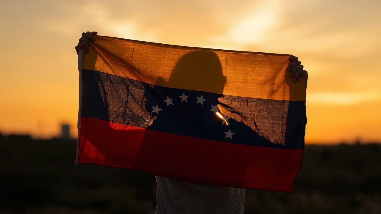 Adulto con camicia chiara che tiene in mano una bandiera venezuelana e sposta le mani durante il tramonto, con il sole che si allinea a una lacrima